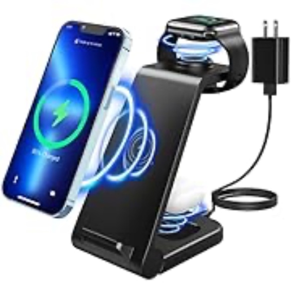Wireless 3-in-1 Charger Station Stand Compatible w/ Apple iPhone/iWatch/AirPods - Picture 1 of 3